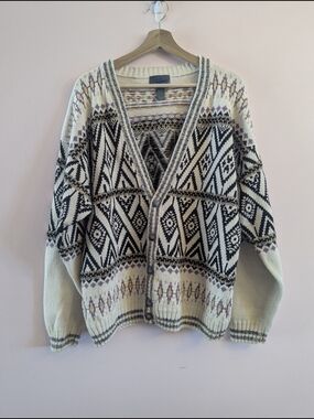 Oversized Aztec Knit Cardigan in Cream, Black & Lavender